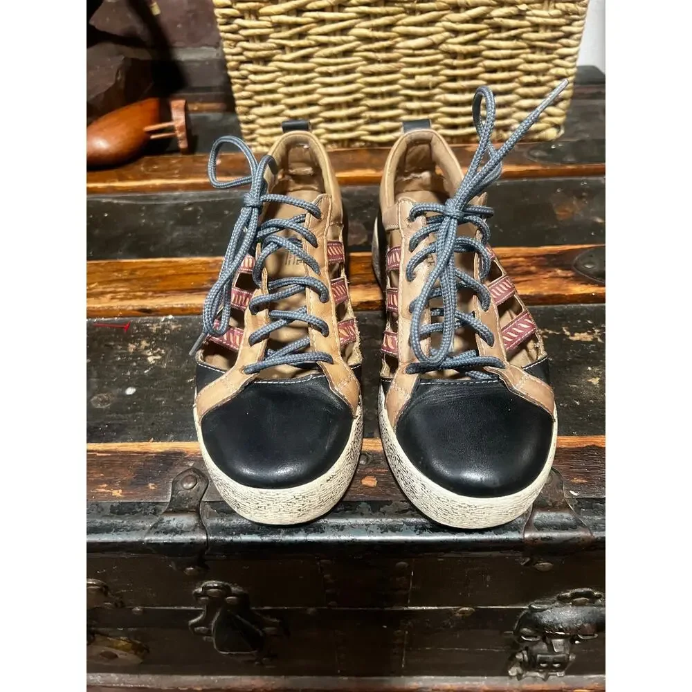 L'Artiste by Spring Step Porscha Leather Sneaker Black Tan Cutout Shoes EU 36